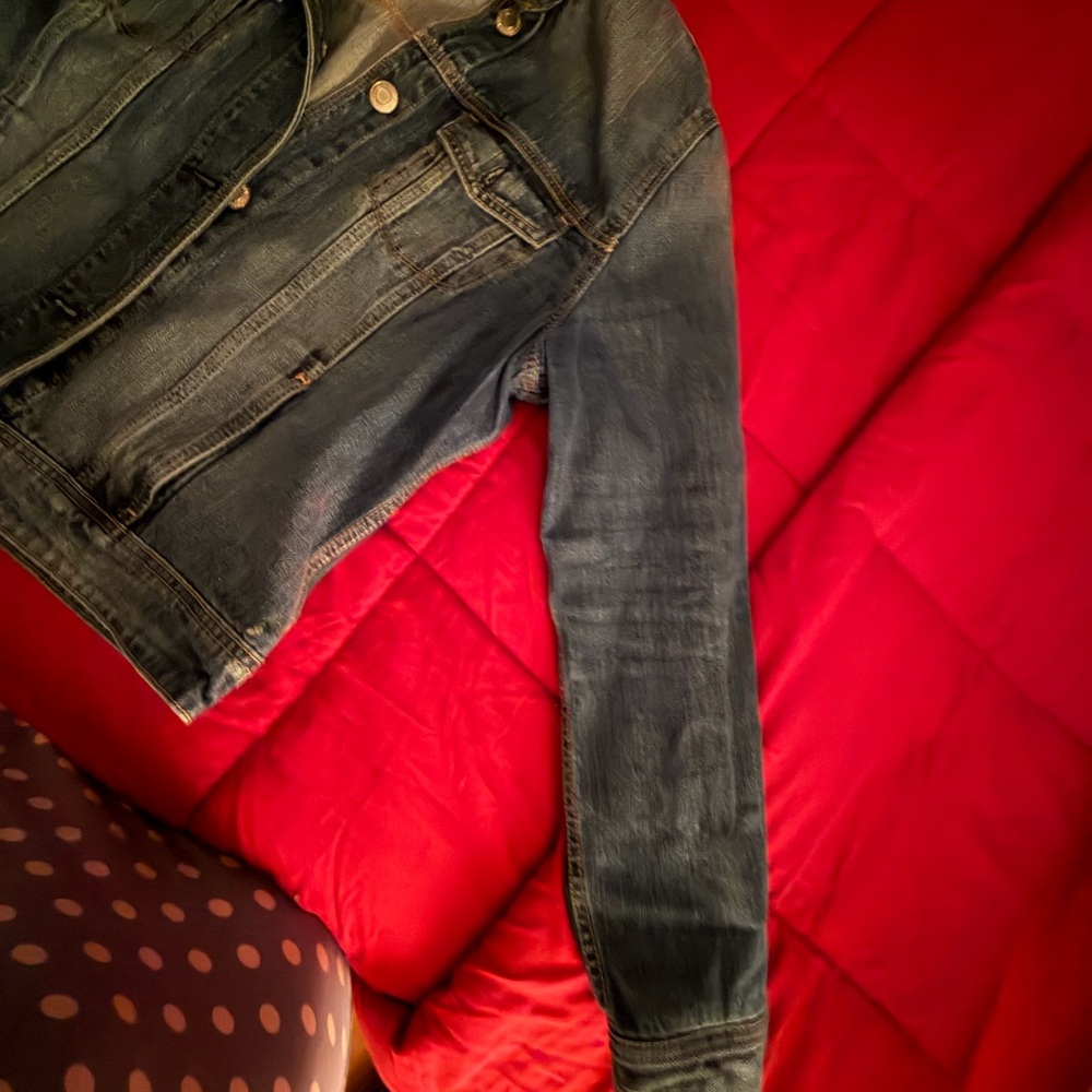 American Eagle Outfitters Dark Blue Denim Jacket with Brown Patch - Picture 4 of 5